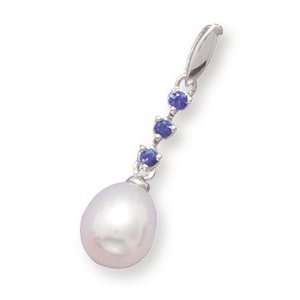   Cultured Freshwater Rice Pearl and Blue Sapphire 14K White Gold Slide
