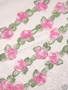C107 ~ PINK ROSE VENICE LACE EMBROIDERED TRIM 1 1/8  