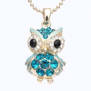 Gold Teal Blue Zircon Night Owl Rhinestone Crystal Pendant Necklace 
