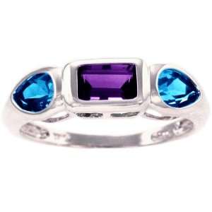 14K White Gold Octagon and Pear Gemstone Ring Multi Amethyst Swiss 