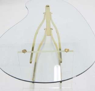 Mid Century Modern Kidney Shape Lucite Glass Brass Coffee Table  