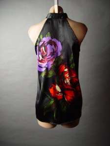  Watercolor Art Floral Rose Print High Tie Neck Trapeze Top Blouse S