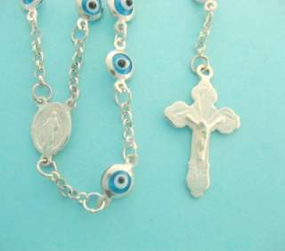   Rosary Necklace Cross Lucky Evil Eye Good Luck Light Blue New  