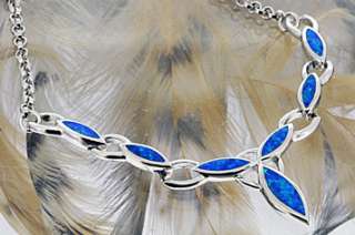 925 Sterling Silver Elegant Fire Blue Synthetic Opal Chain Necklace 45 