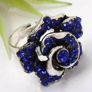 1PC Blue Crystal Rose Flower Bead Adjustable Finger Ring Tibetan 