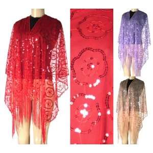    Sheer Mesh Fringed Shawls with Sequin Circle Design 