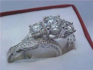   Sterling Silver CZ 3 Stone Engagement Wedding Band Ring Set 6  