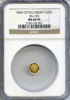 FINEST KNOWN 1854 California Fractional Gold 1/4$ BG 105 NGC MS66PL 