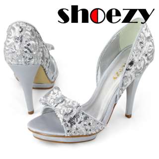 SHOEZY womens silver sequins bow bridal dress high heels platform 