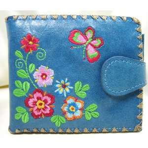   Butterfly and Flowers Embroidery Wallet Blue   Medium 