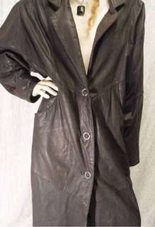 LONG Distressed Buttery BLACK LEATHER Trench COAT M  