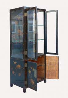   Black Gold Painted Flower&Bird Leather Storage Display Cabinet WK1193