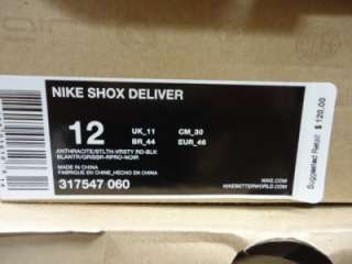 NIKE SHOX DELIVER ANTHRACITE/STLTH VRSTY RD BLK SIZE 12 NEW SHOES 