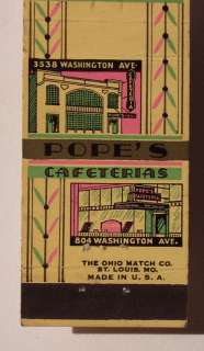 1930s For Safety Matchbook Popes Cafeterias St. Louis MO Missouri 