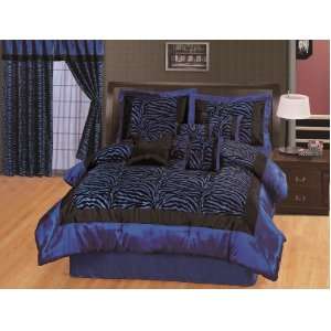  8pcs Queen Size Black Satin Zebra Flocking Comforter Set 