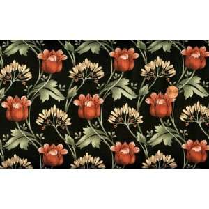   Folk Art flowers and Leaves on Black Cotton Fabric By the Yard Arts