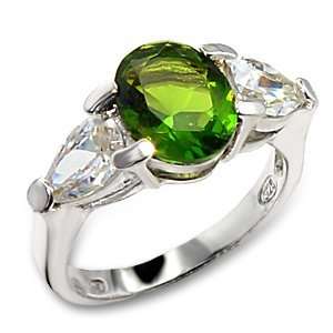  THREE STONE CZ RING   Sterling Silver Green Oval CZ Ring Jewelry