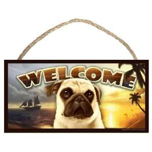 Pug (tan) Summer Season Welcome Dog Sign / Plaque featuring the art of 