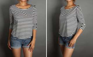 NEW Nautical Sailor Stripe Casual Cropped 3/4 Sleev Top  