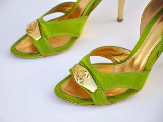   JUST CAVALLI LIME GREEN SATIN SHOES Gold Party Heels Sandals 6.5 37
