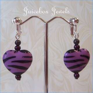 CLIP ON Purple/Black Zebra Animal Print 1.25 Heart Dangle Earrings SP 
