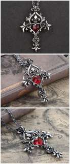 Cool Punk Gothic Red Crystal Heart Vintage Sacred Cross Pendant 