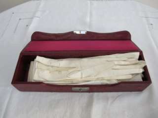   VICTORIAN RED FAUX LEATHER GLOVE BOX & 3 PAIRS of LONG OPERA GLOVES