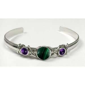 Sterling Silver Cuff Bracelet Featuring Genuine Malachite and Amethyst 