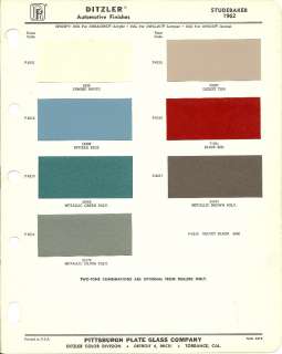 1962 STUDEBAKER Color Chip Paint Sample Brochure/Chart PPG, Ditzler 