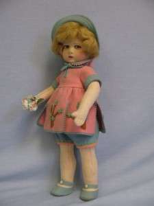 17 ½ FRENCH 1920s FELT GIRL Pink & Blue Play Outfit ALL ORIGINAL 