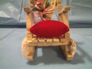 VINTAGE LOOK DOLL CLOTHESPIN ROCKING CHAIR WITH RED VELVET PILLOW 