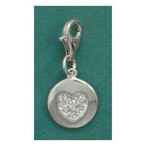 Crystal Sterling Silver Charm, 9/16 in Heart on a Disk with Lobster 