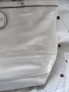 White Patent Leather Tote Signature Stitch Coach Purse  