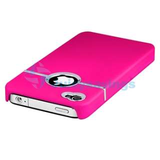Pink w/ Chrome Hole Rubber Hard Skin Case Cover+LCD Guard For iPhone 4 