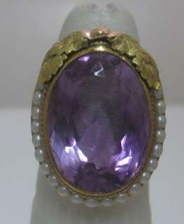 Vintage Amethyst Pearl 14k Green Rose Yellow Gold Ring  