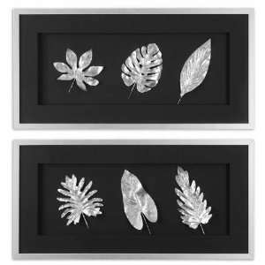   Leaves (Set of 2) Wall Mounted Mirror Silver Shadow Box Holding Silver