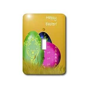   Easter eggs in golden grass and Happy Easter.   Light Switch Covers