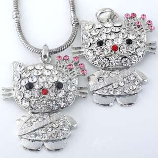 1PC Kitty Cat Wear Crown Charm Pendant Fit Necklace Gift Pink Crystal 