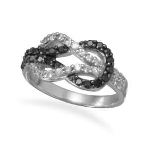    Rhodium Plated Black and Clear CZ Knot Ring   New Jewelry