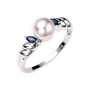  14k White Gold Akoya Pearl and Sapphire Ring Jewelry