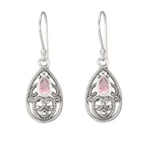  Sterling Silver Marcasite Filigree Faceted Pink Glass Drop 