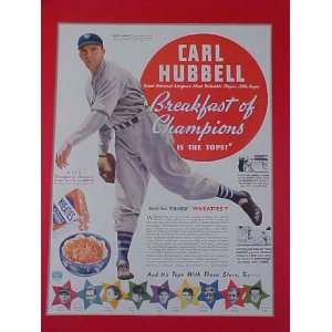 Carl Hubbell NL MVP New York Giants 1937 Wheaties Advertisement 