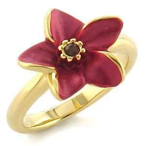  White Metal Gold Plated Ring with Siam CZ   Red Flower 