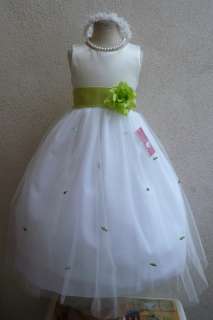 NEW IVORY/LIME GREEN INFANT ROSEBUD FLOWER GIRL DRESS S M L XL 2 4 6 8 