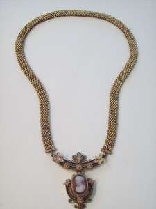 AMAZING ANTIQUE VICTORIAN ROSE GOLD FILL CAMEO & SEED PEARL NECKLACE 