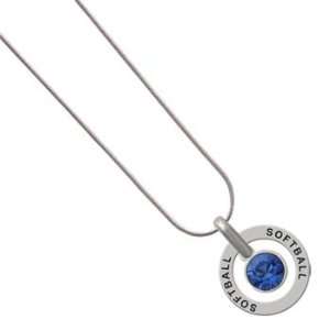 Softball Affirmation Ring Necklace with a Sapphire Swarovski Crystal 