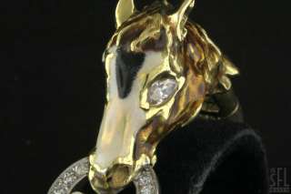 HEAVY 18K YELLOW GOLD 1.30CT VS DIAMOND ENAMEL DOUBLE HORSE HEAD 