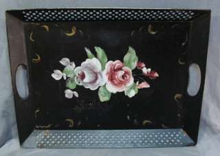 VTG HAND PAINTED TOLE TRAY~TOLEWARE~ROSE FLOWERS~FANCY OPEN WORK EDGES 