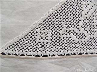 Antique Linen Tablecloth Teapots Hand Crochet Lace Edge  