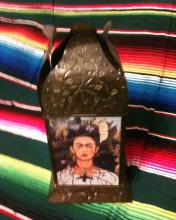 Mexican Folk Art GlassTin Plate Candle Holder Luminare Frida Khalo 
